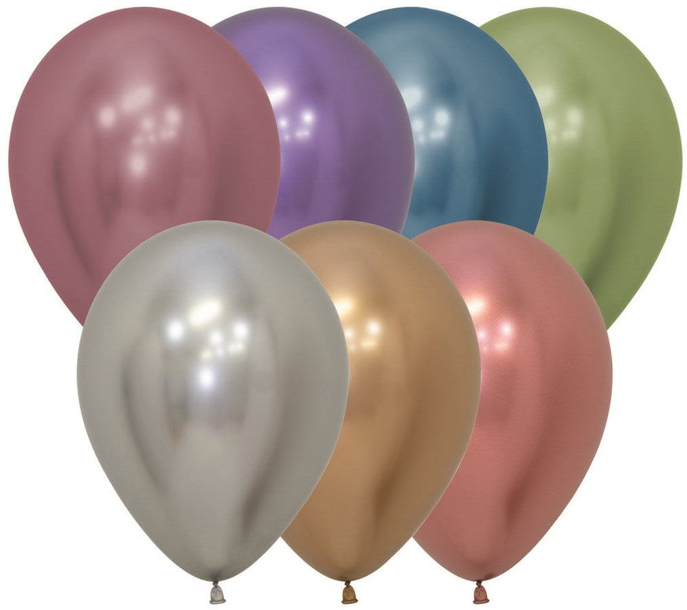 Six 11-inch latex balloons in metallic colors including rose gold, silver, purple, bronze, blue, and green, glossy finish.
