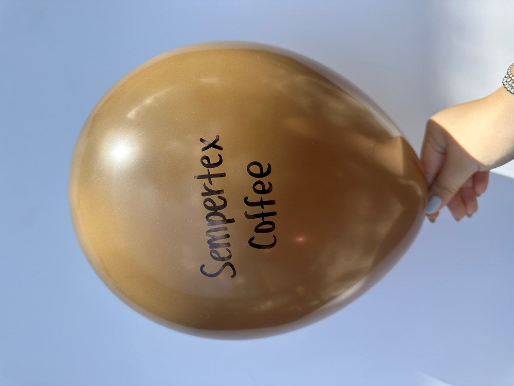 Glossy coffee brown latex balloon with "Sempertex Coffee" printed in black, 11-inch round shape.