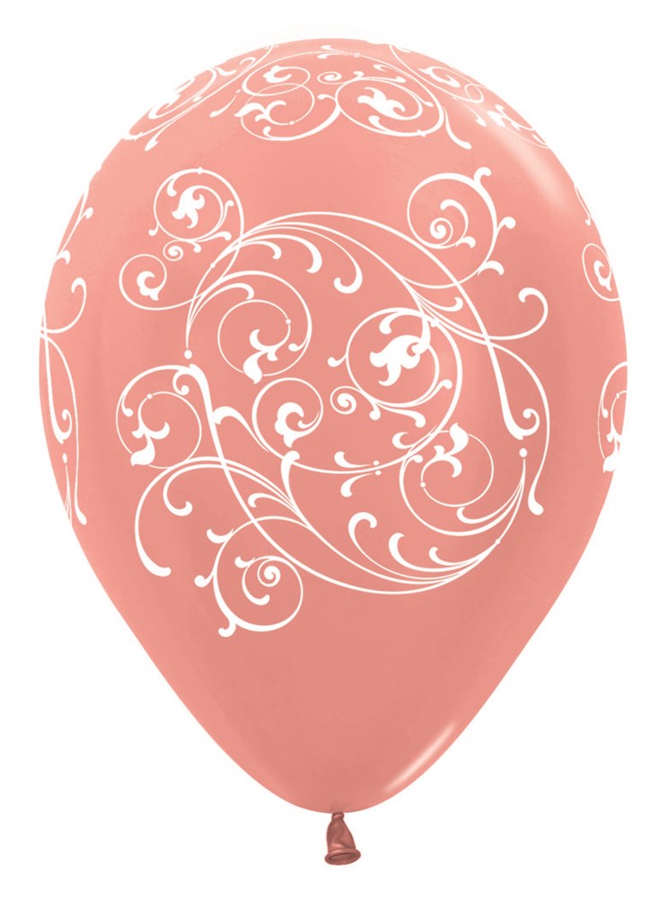 11-inch rose gold latex balloon with white intricate filigree swirl design.