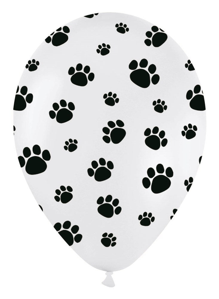 White latex balloon with scattered black paw print patterns, 11-inch round shape, pack of 50.