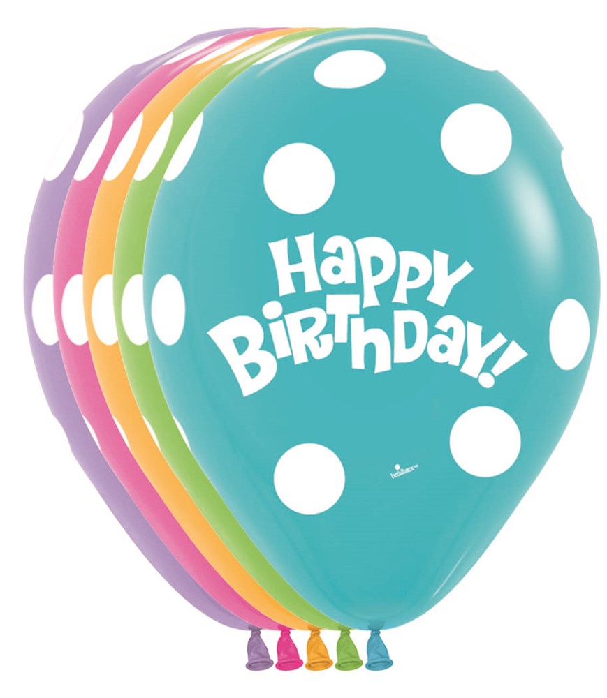Colorful latex balloons in teal, orange, purple, green, pink, and yellow with white polka dots and "Happy Birthday!" text,.
