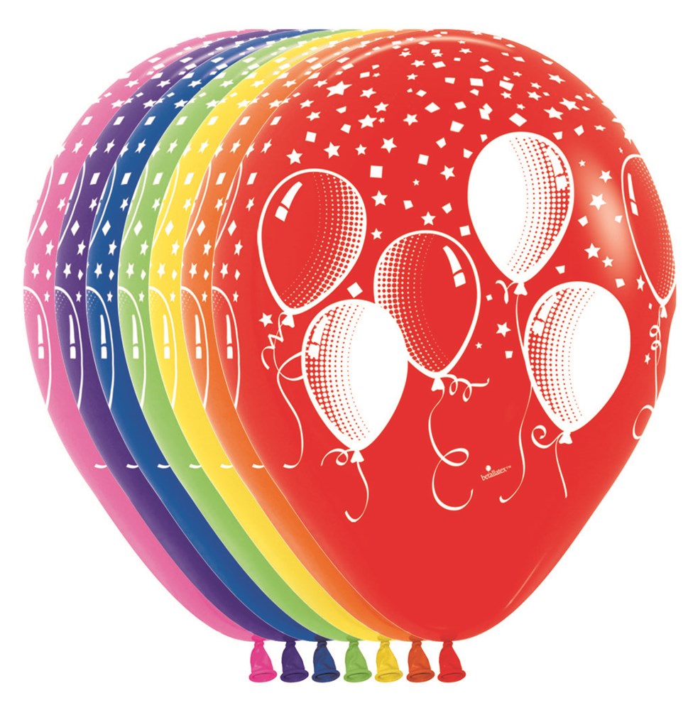 Colorful latex balloons in red, orange, yellow, green, blue, purple, and pink with white balloon and star patterns.