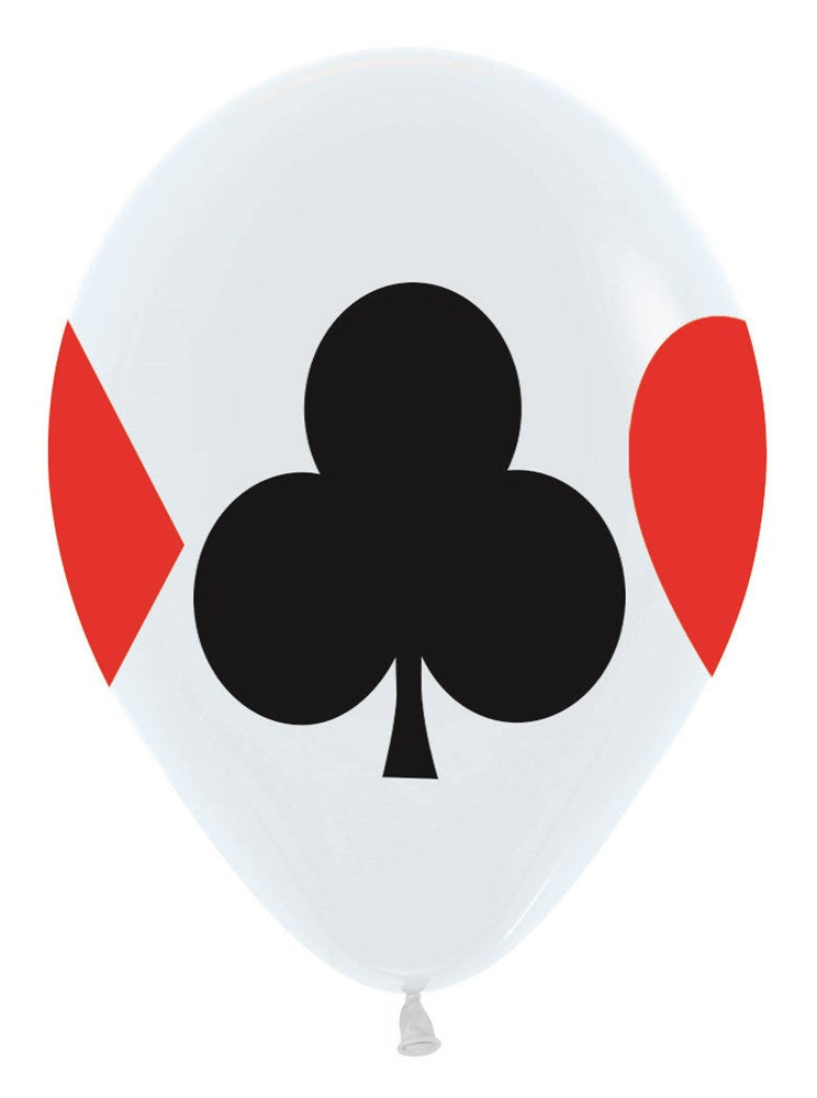 White latex balloon with a black club suit symbol and red heart shapes on the sides.