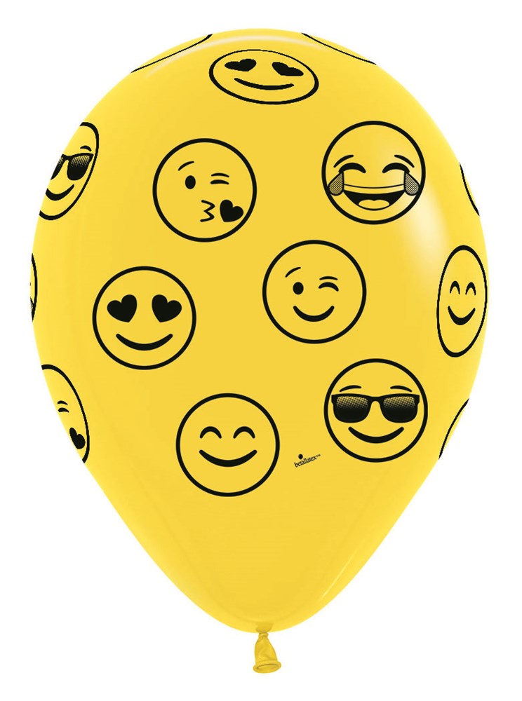 Yellow latex balloon with various black emoji faces including heart eyes, sunglasses, laughing, and winking expressions.
