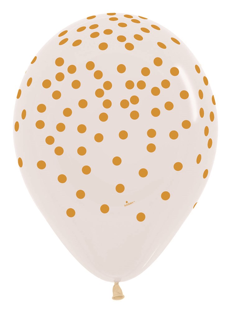 11-inch white latex balloon with scattered gold confetti dots, round shape, party decoration.