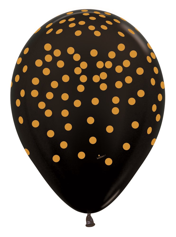 11 inch black latex balloon with scattered gold confetti dots design.