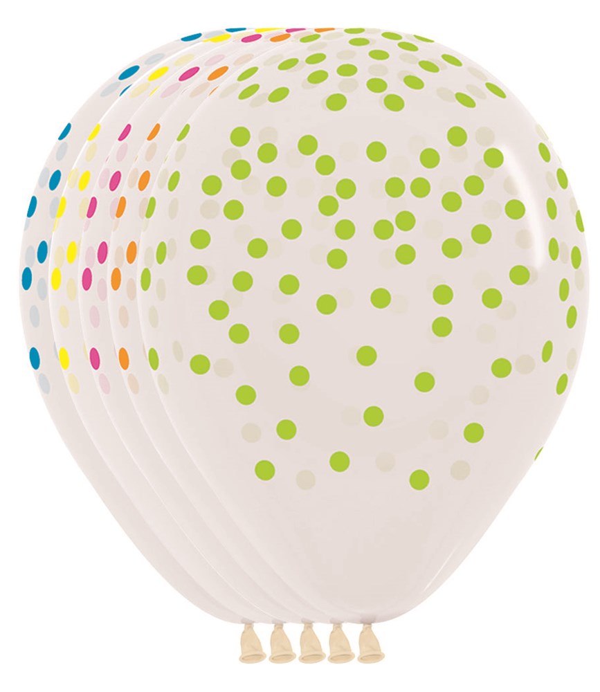 Set of white latex balloons with neon green, pink, blue, and yellow confetti dots, 11 inch size.
