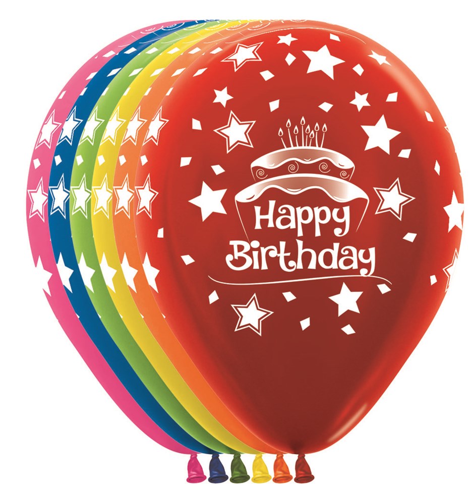 11-inch metallic latex balloons in red, orange, yellow, green, blue, and purple, each with white "Happy Birthday" text,.