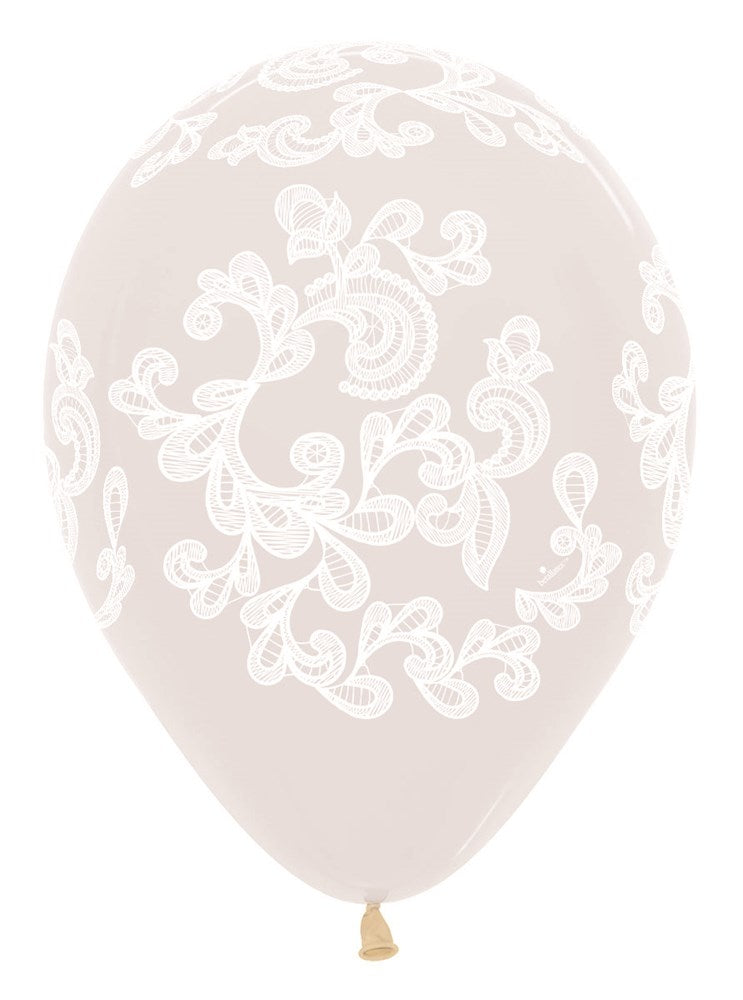 11-inch white latex balloon with intricate white lace floral pattern, inflated and tied at the bottom.