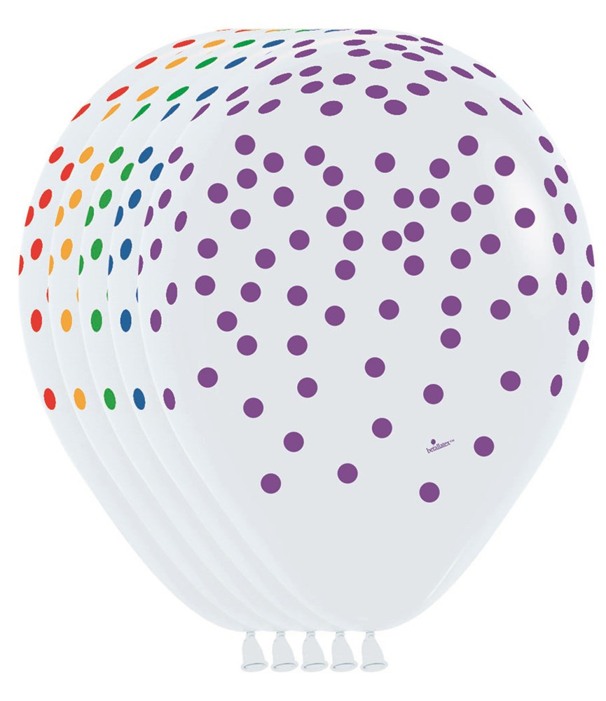 Set of white latex balloons with multicolored and purple confetti dots, 11 inch round shape.