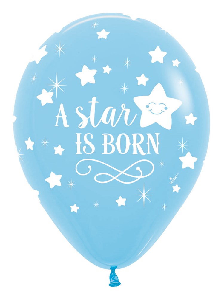 Light blue latex balloon with white stars and text "A star IS BORN" featuring a smiling star design.