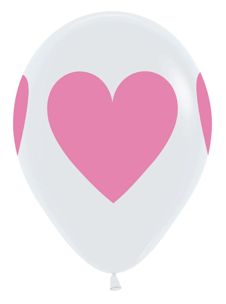 White latex balloon with large baby pink heart printed on the front.