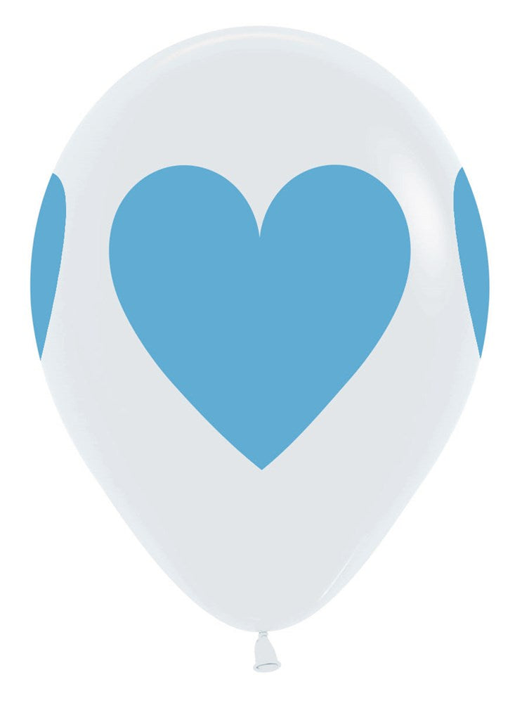 White latex balloon with repeating baby blue heart print, round 11-inch shape, smooth surface.