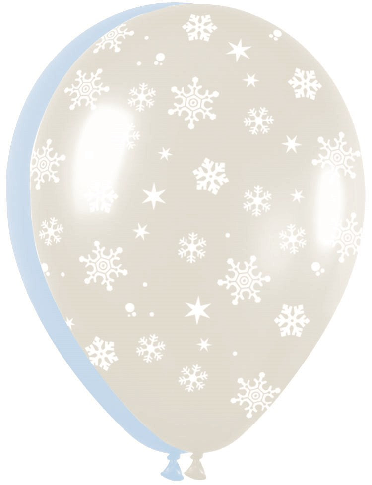 11-inch translucent white latex balloon with white snowflake patterns, 50 count pack.