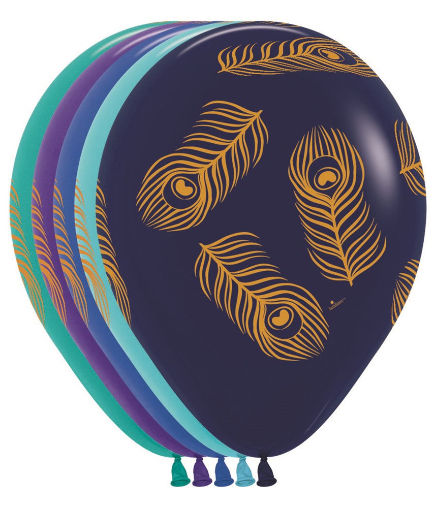 Set of 11-inch latex balloons in navy, teal, purple, and green, each with orange peacock feather prints.