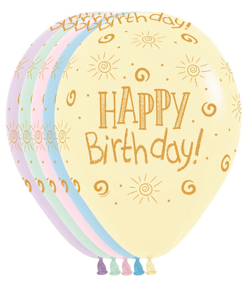 Set of 11-inch pastel gold latex balloons with "Happy Birthday" and decorative sun and swirl prints in metallic gold, 50.