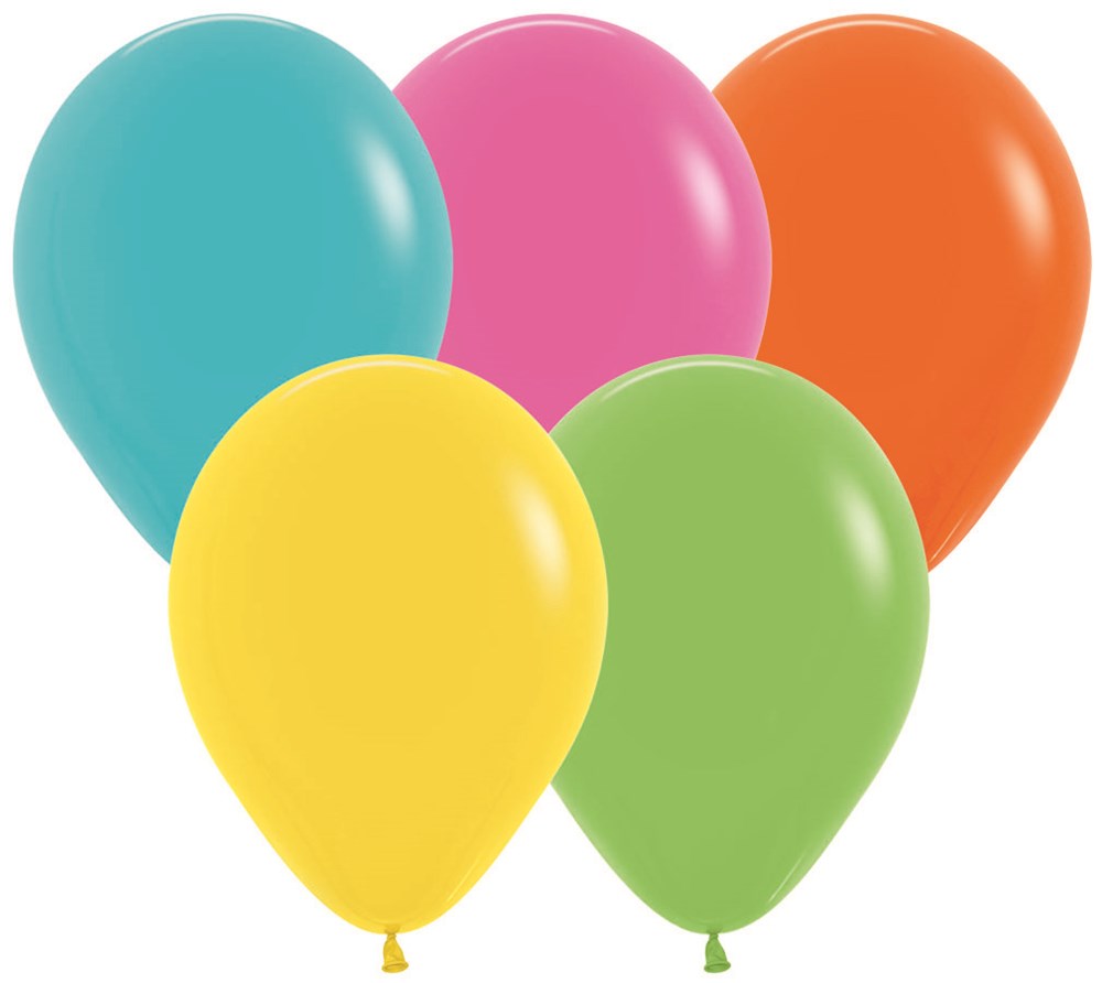 Five 11-inch latex balloons in teal, pink, orange, yellow, and light green colors arranged in a cluster.