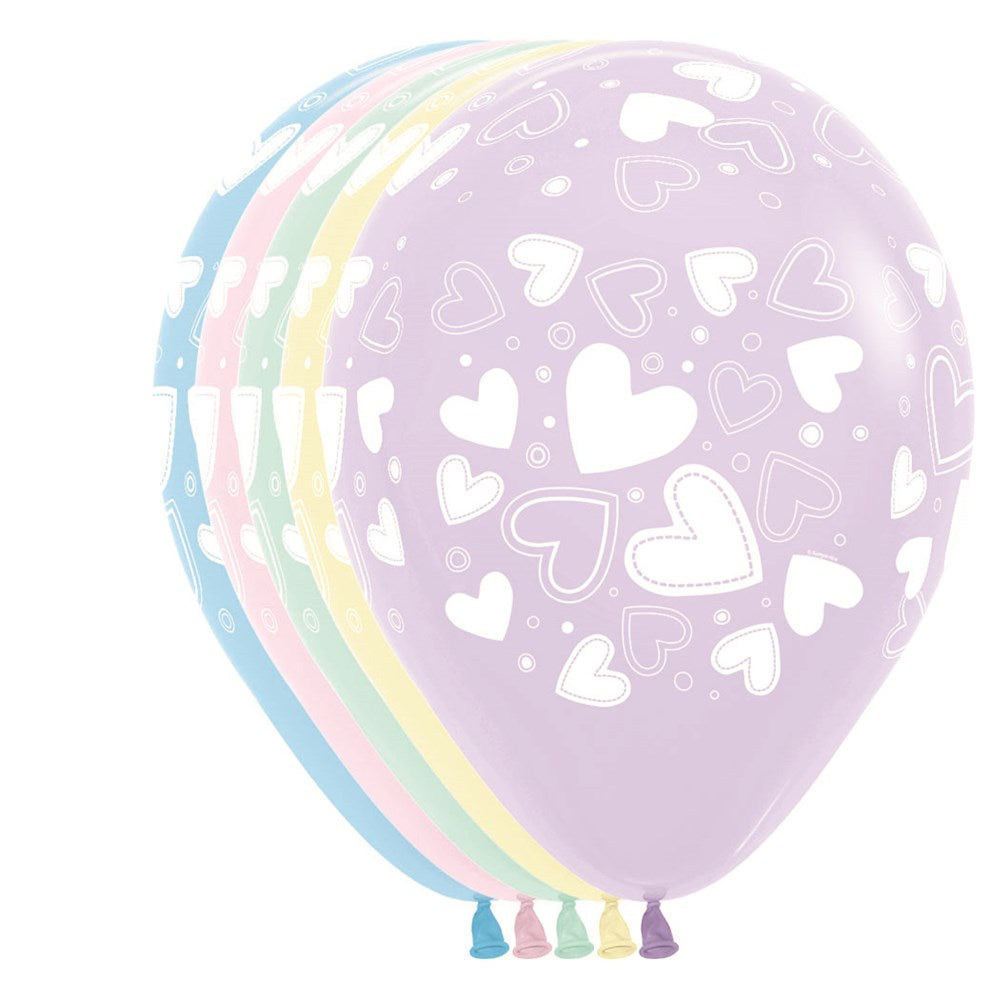 11-inch pastel matte latex balloons with all-over white heart patterns in assorted colors.