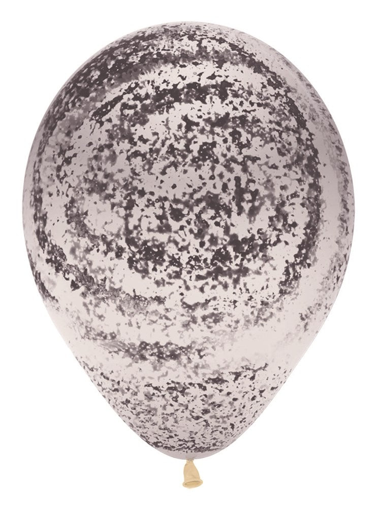 11-inch white latex balloon with black graffiti-style marble print and tied beige neck.