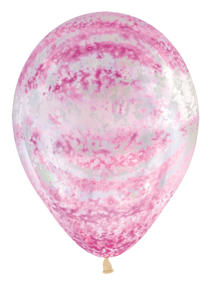 11-inch translucent latex balloon with pink graffiti-style rose pattern printed all over.