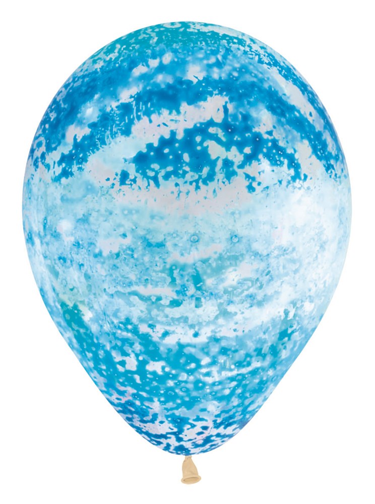 11-inch round latex balloon with blue and white graffiti-style splatter pattern.