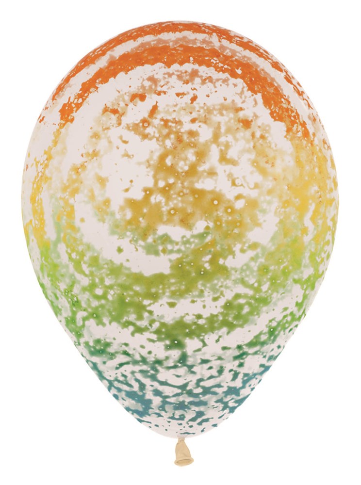 11-inch latex balloon with multicolor rainbow graffiti splatter design on white background.
