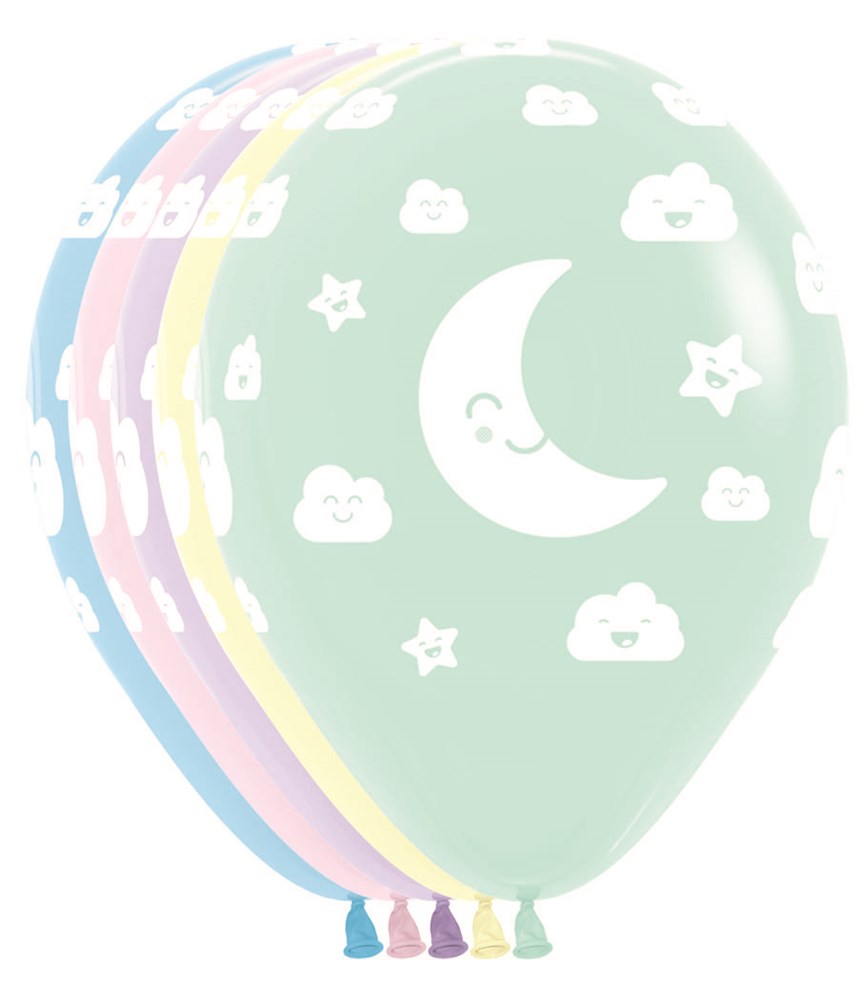 Colorful latex balloons with smiling moon, sun, stars, and cloud prints in pastel shades, 11-inch size.