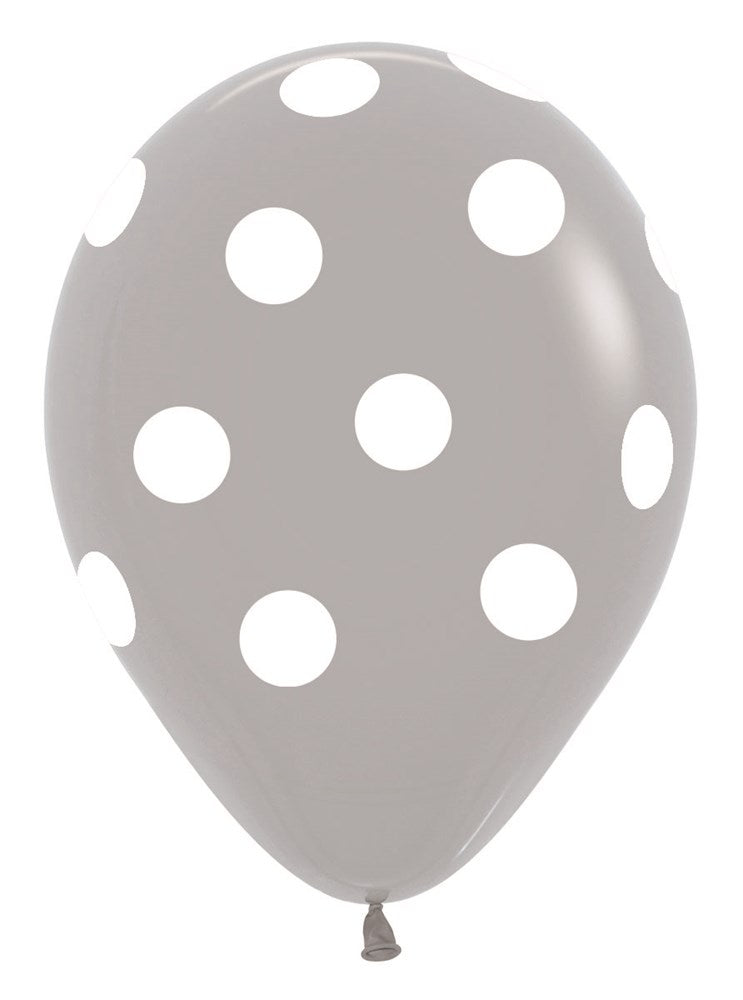 Gray latex balloon with large white polka dots, round 11-inch shape, shiny finish.