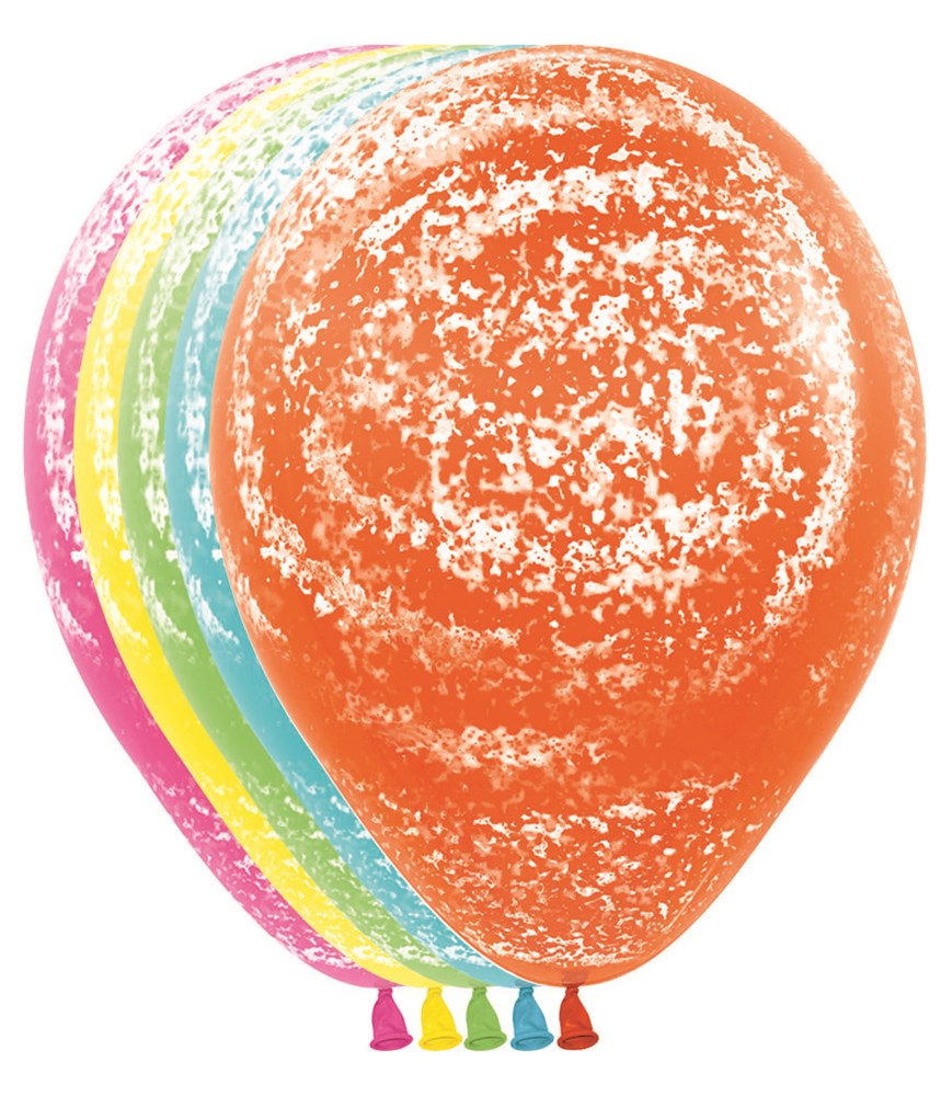 Assorted 11 inch latex balloons with white graffiti-style speckled print in orange, blue, yellow, green, and pink colors.