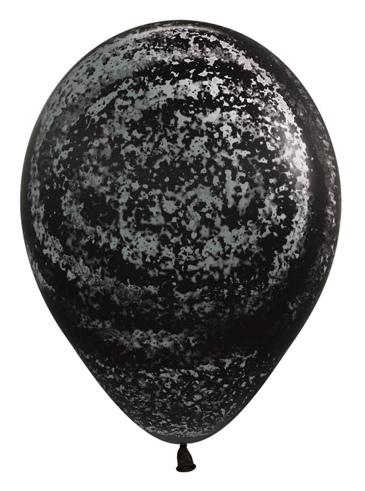 Black latex balloon with an all-over silver graffiti-style splatter print, 11-inch round shape.