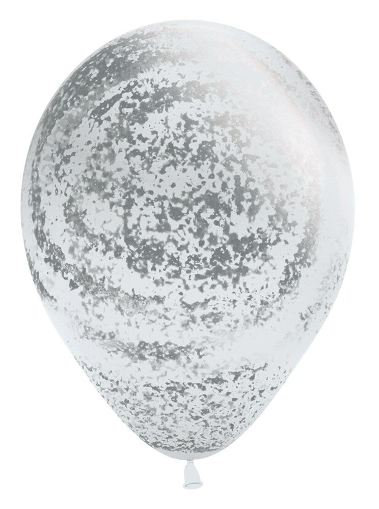 11-inch white latex balloon with silver graffiti-style all-over print, round shape.