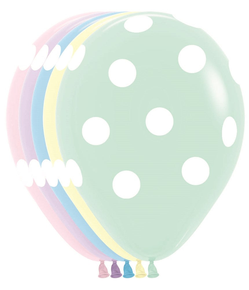 Set of 11-inch pastel matte latex balloons with white polka dots, assorted colors including green, pink, blue, yellow, and.