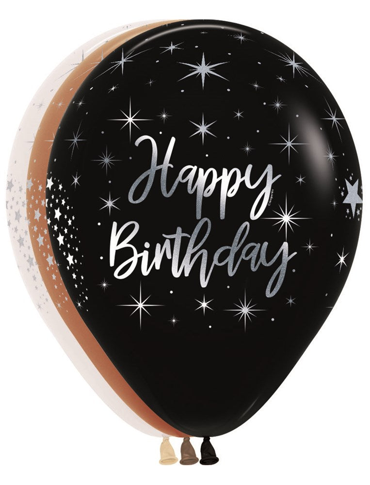 11-inch black latex balloon with white "Happy Birthday" text and silver starburst pattern, 50-count pack.