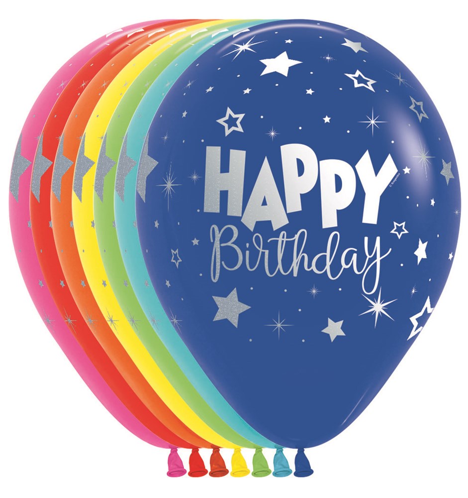 Set of six 11-inch latex balloons in rainbow colors, each printed with silver stars and "Happy Birthday" text in white and.