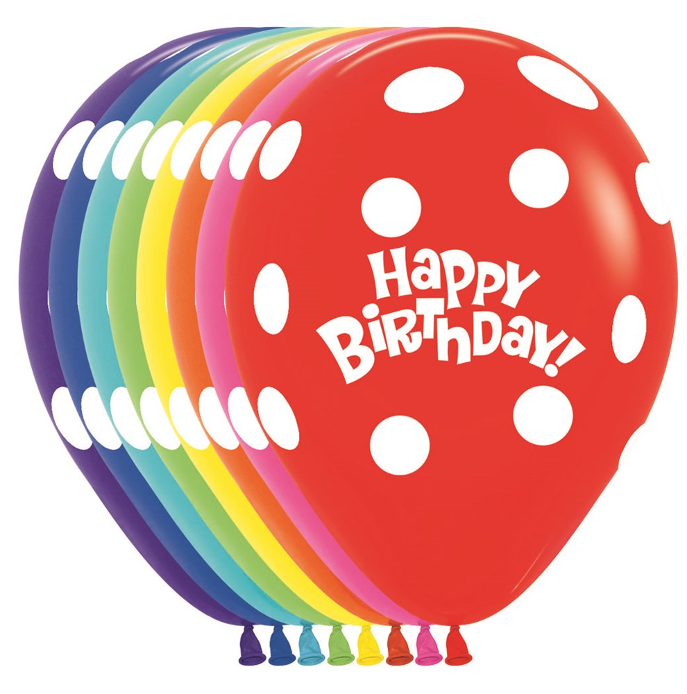 Assorted colorful latex balloons with white polka dots and "Happy Birthday!" text printed on each.