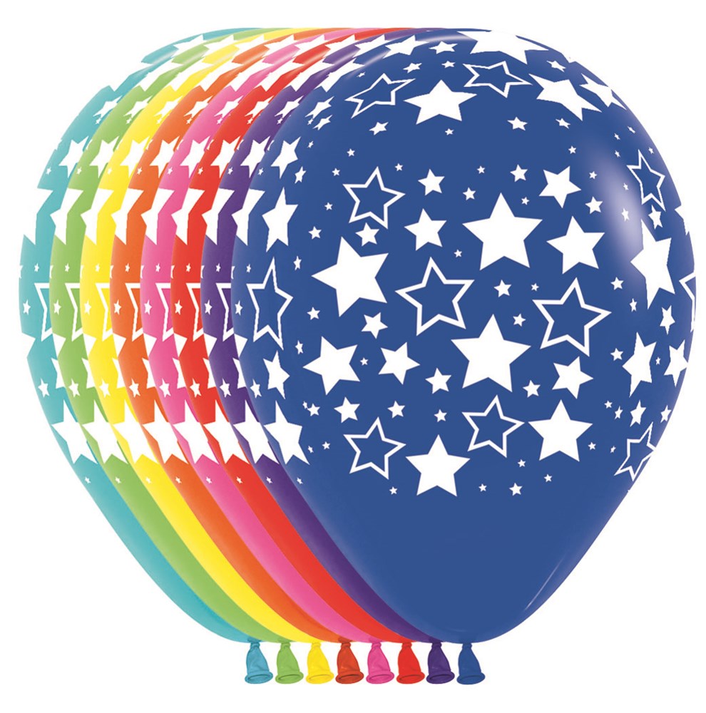 11-inch latex balloons with bold white star patterns in assorted colors including blue, red, orange, yellow, green, and.