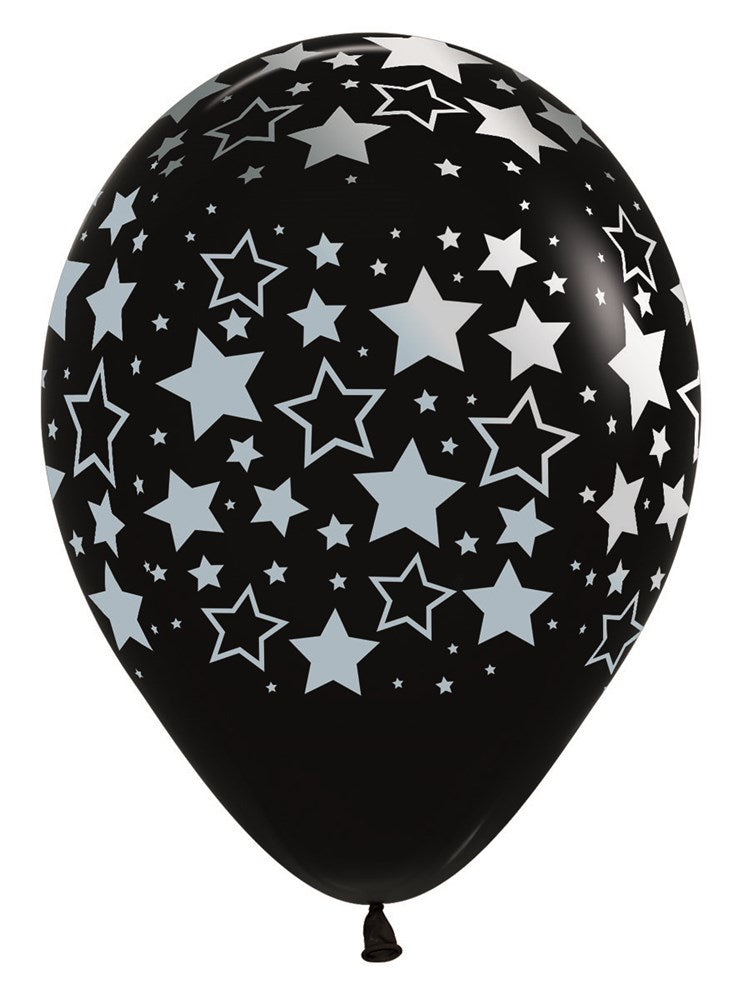 Black latex balloon with white bold star patterns in various sizes, 11 inches inflated size.