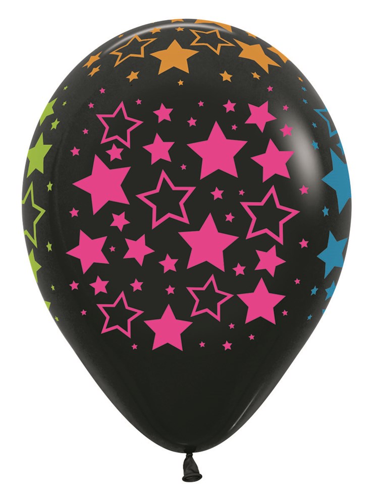 Black 11-inch latex balloon with colorful bold star patterns in pink, orange, green, and blue, all-over print.