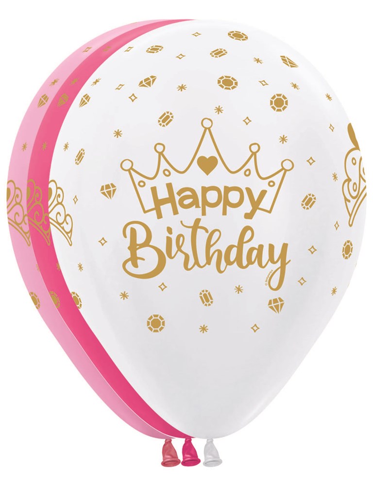 White latex birthday balloons with gold crown and "Happy Birthday" text print, pink and white mix.