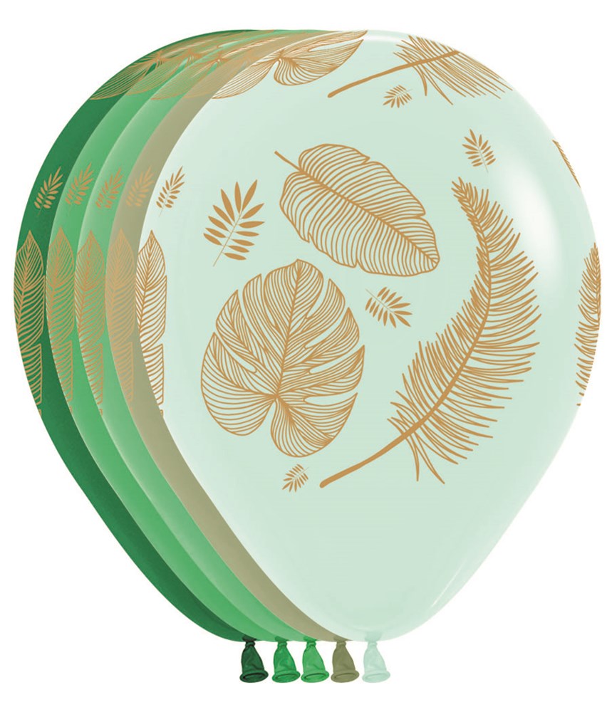 Set of 11-inch light green latex balloons with gold tropical leaf print, pack of 50.