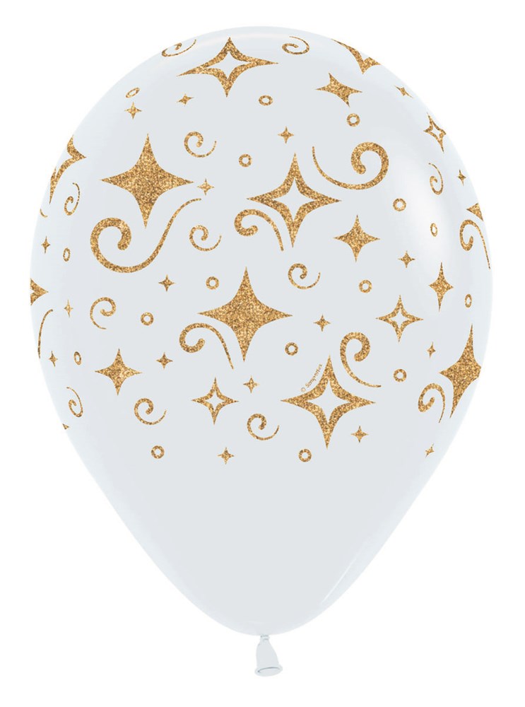 White latex balloon with gold diamond and starburst pattern printed all over.
