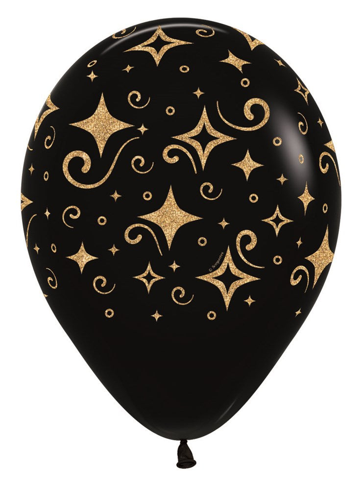 Black latex balloon with shiny golden diamond and starburst pattern, 11-inch round shape.