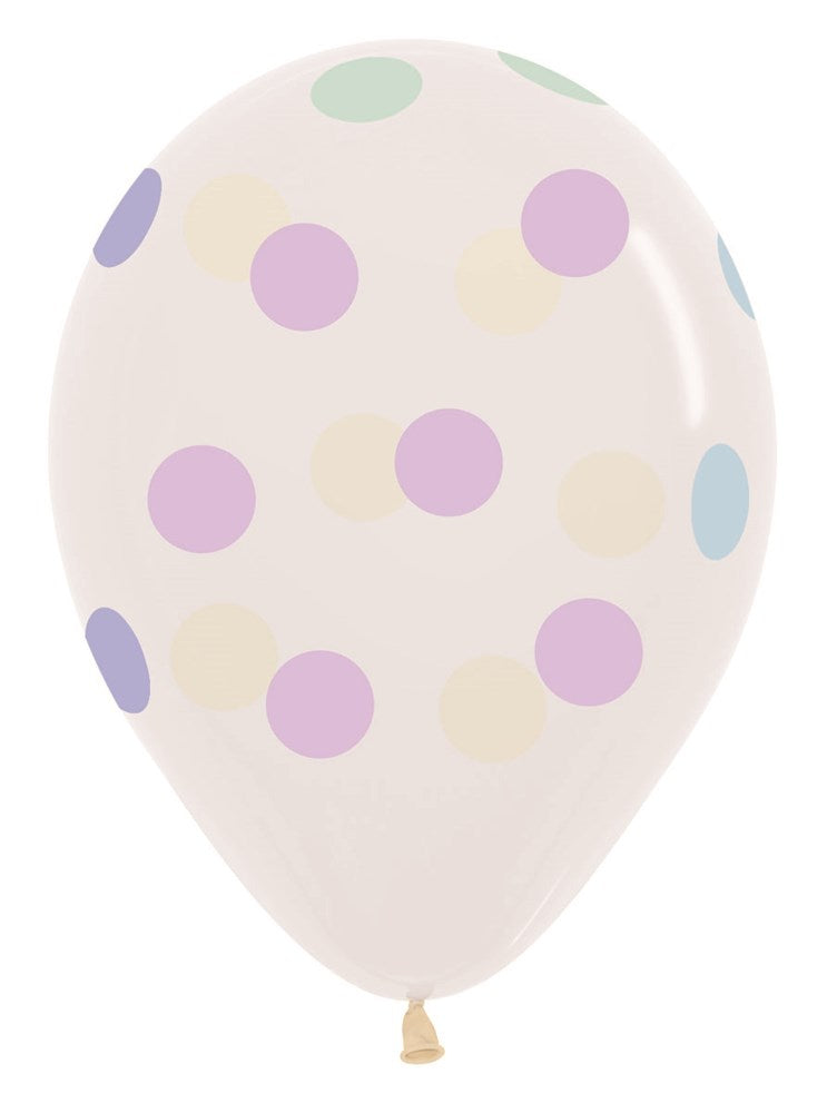 11-inch clear latex balloon with pastel polka dots in purple, blue, green, and yellow.