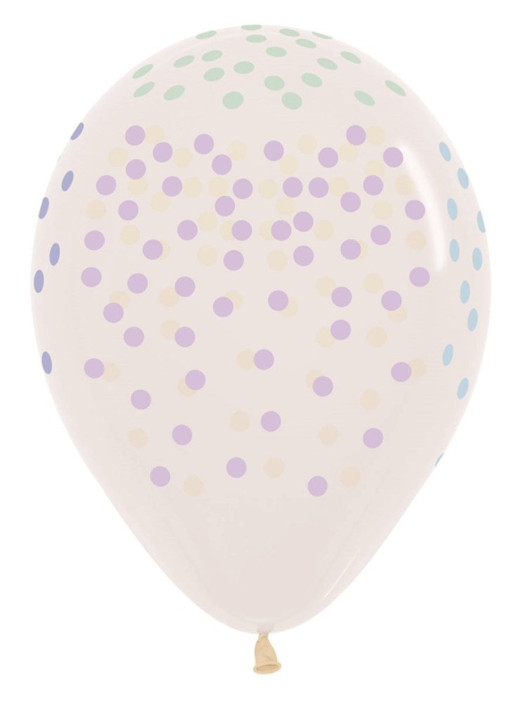 11-inch clear latex balloon with multicolor pastel confetti dots printed all over.