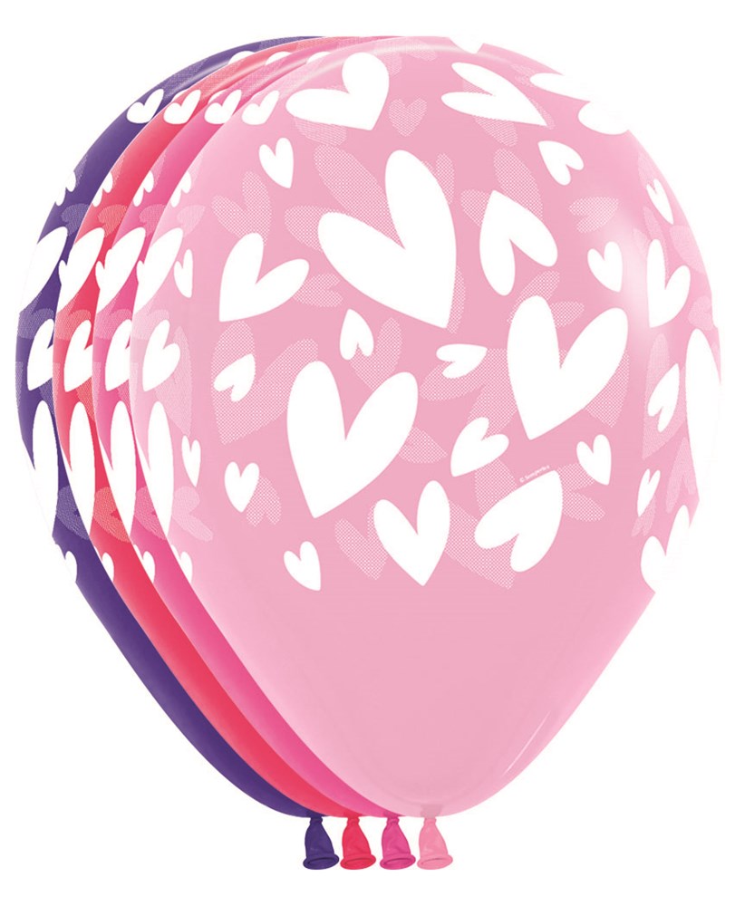 Pink latex balloons with white heart patterns, 11-inch size, pack of 50.