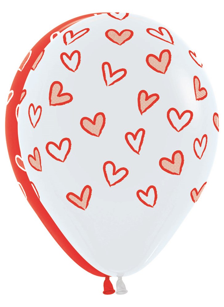 White 11-inch latex balloon with red heart print all over, 50-count pack.