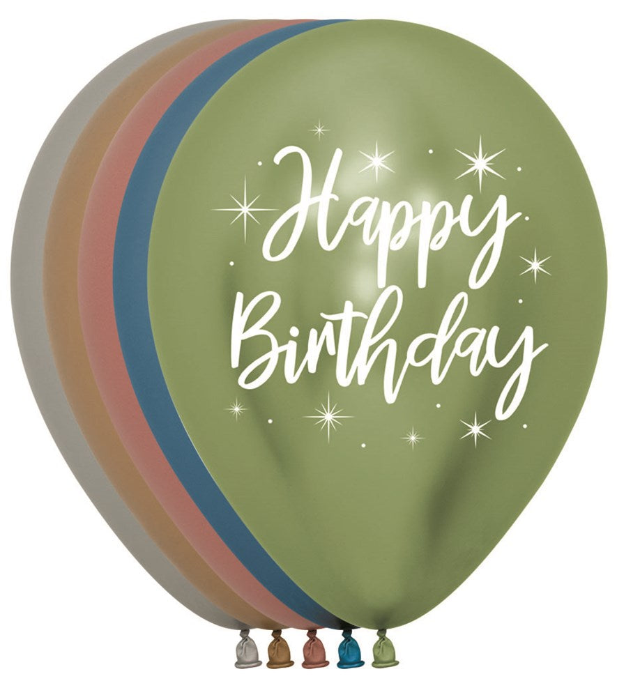 Set of 11-inch matte latex balloons in olive green, terracotta, blue, and brown with white "Happy Birthday" text and star.