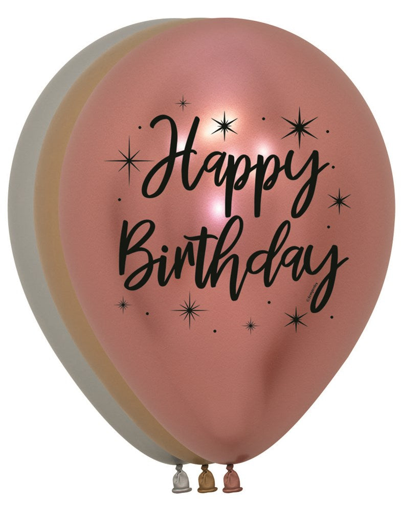 Pink latex balloon with black "Happy Birthday" text and starburst designs, 11-inch round shape.