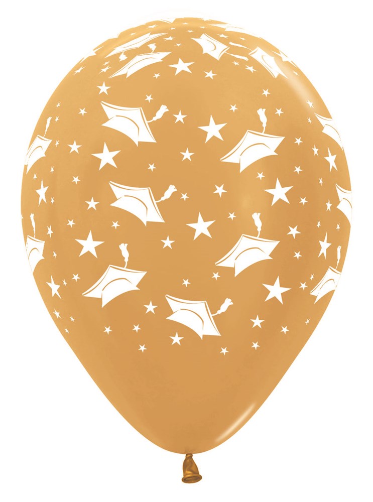 11-inch metallic gold latex balloon with white graduation caps and stars printed all over.