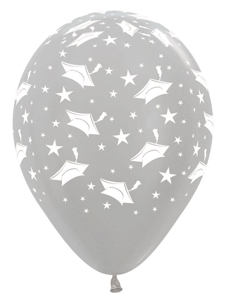 Metallic silver latex balloon with white graduation cap and star print, 11 inch round shape.